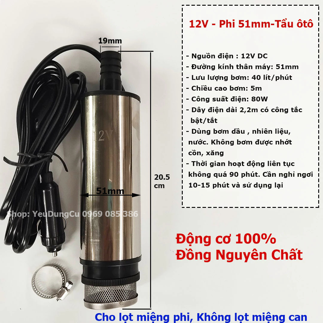 Máy bơm chìm bơm dầu, nước mini 12V - 24V - 220V