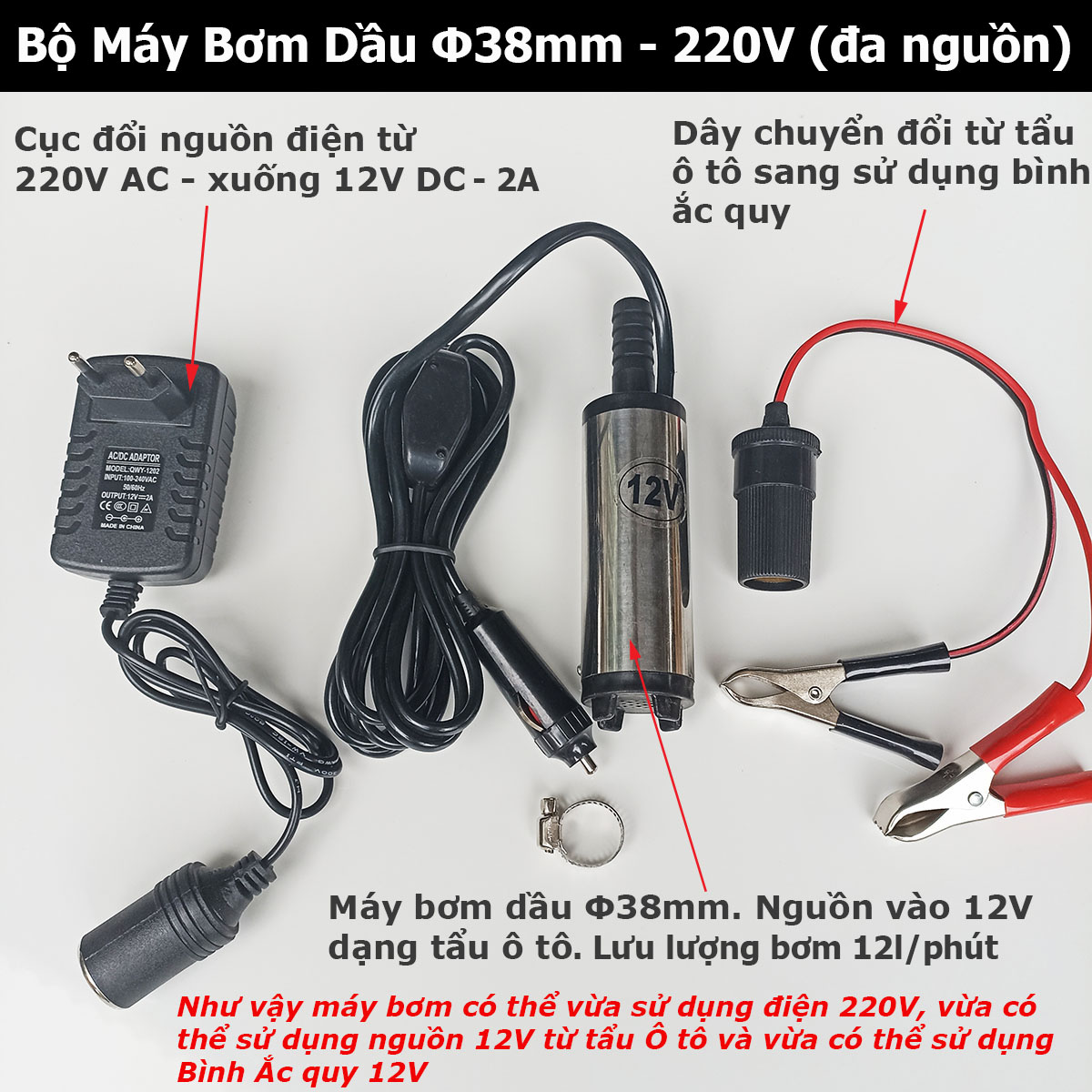 Máy bơm chìm bơm dầu, nước mini 12V - 24V - 220V