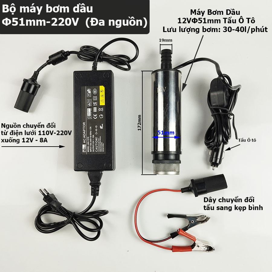 Máy bơm chìm bơm dầu, nước mini 12V - 24V - 220V