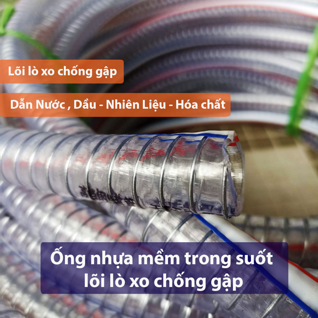 Ống nhựa mềm lõi lò xo thép . Ống PVC trong suốt chống gập dẫn nước, dầu