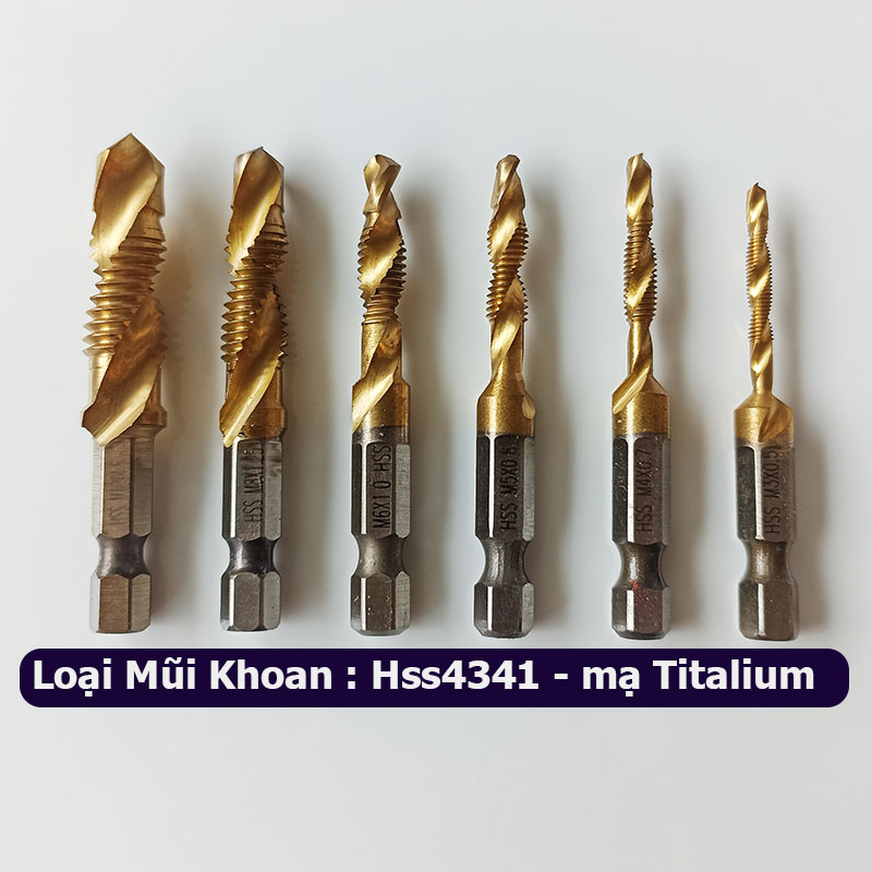 Bộ 6 mũi khoan taro từ M3-M10 thép HSS4341 Phủ Titanium