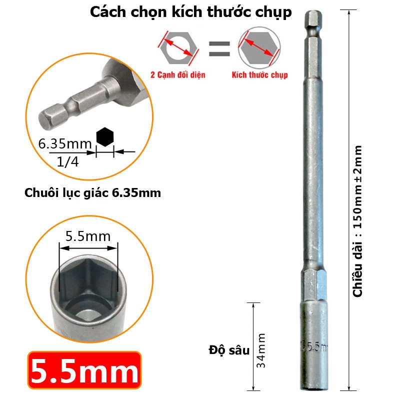 Khẩu Chụp Bulong Sâu Lòng Dài 150mm lắp nhanh cho máy Khoan Bắn Vít  Chân Lục Giác Các Cỡ 5.5 - 19mm