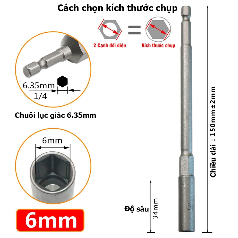 Khẩu Chụp Bulong Sâu Lòng Dài 150mm lắp nhanh cho máy Khoan Bắn Vít  Chân Lục Giác Các Cỡ 5.5 - 19mm