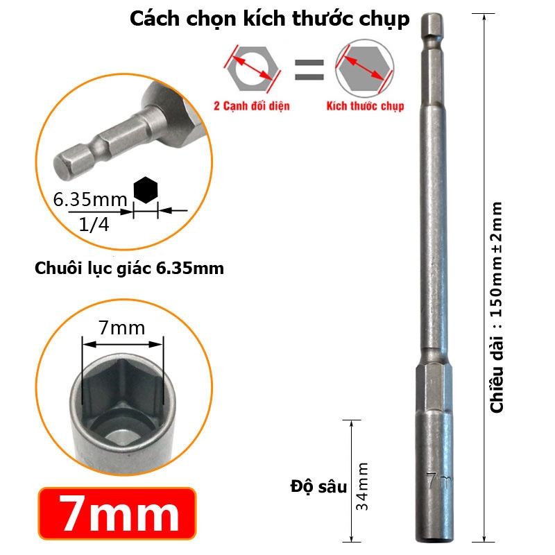 Khẩu Chụp Bulong Sâu Lòng Dài 150mm lắp nhanh cho máy Khoan Bắn Vít  Chân Lục Giác Các Cỡ 5.5 - 19mm