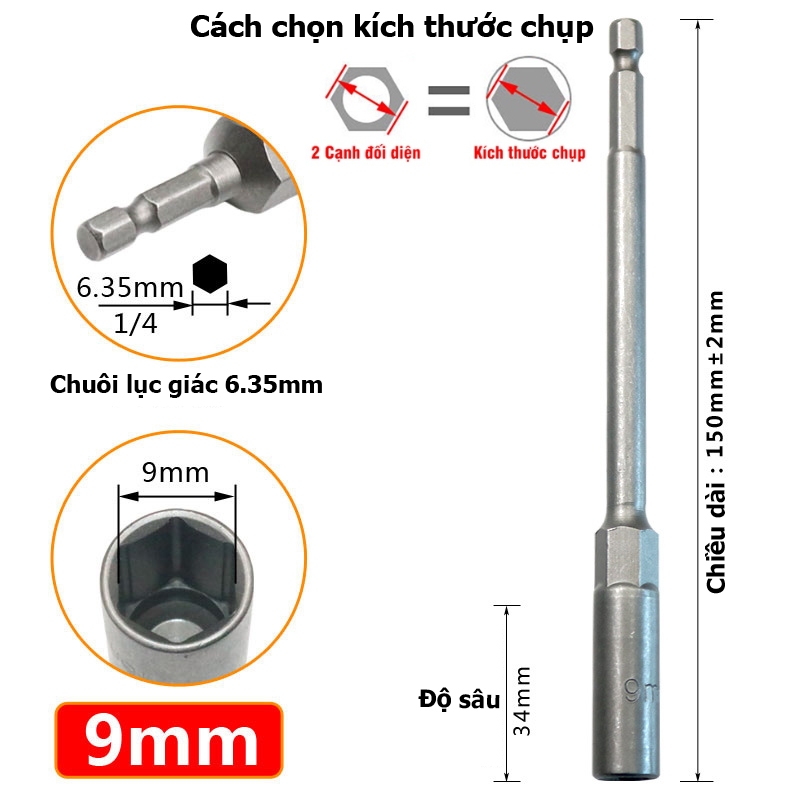 Khẩu Chụp Bulong Sâu Lòng Dài 150mm lắp nhanh cho máy Khoan Bắn Vít  Chân Lục Giác Các Cỡ 5.5 - 19mm