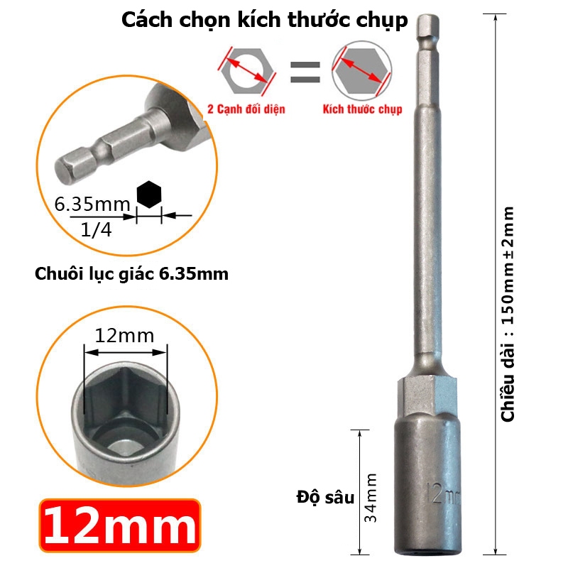Khẩu Chụp Bulong Sâu Lòng Dài 150mm lắp nhanh cho máy Khoan Bắn Vít  Chân Lục Giác Các Cỡ 5.5 - 19mm
