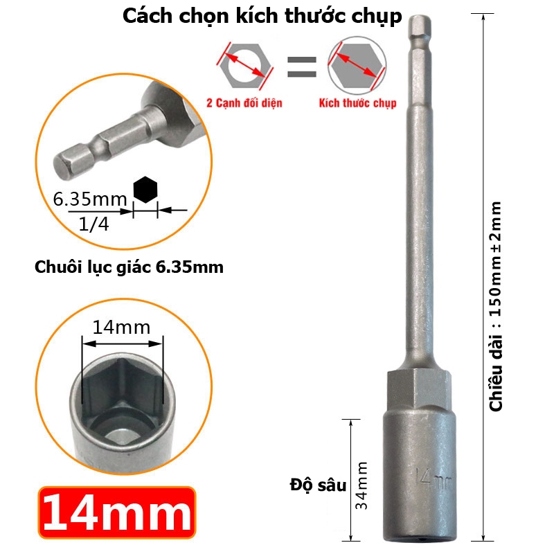 Khẩu Chụp Bulong Sâu Lòng Dài 150mm lắp nhanh cho máy Khoan Bắn Vít  Chân Lục Giác Các Cỡ 5.5 - 19mm
