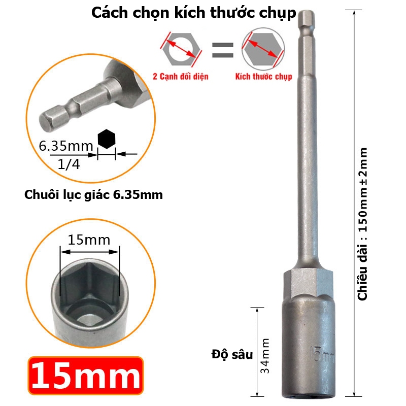 Khẩu Chụp Bulong Sâu Lòng Dài 150mm lắp nhanh cho máy Khoan Bắn Vít  Chân Lục Giác Các Cỡ 5.5 - 19mm