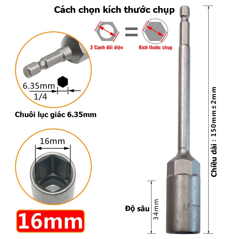 Khẩu Chụp Bulong Sâu Lòng Dài 150mm lắp nhanh cho máy Khoan Bắn Vít  Chân Lục Giác Các Cỡ 5.5 - 19mm