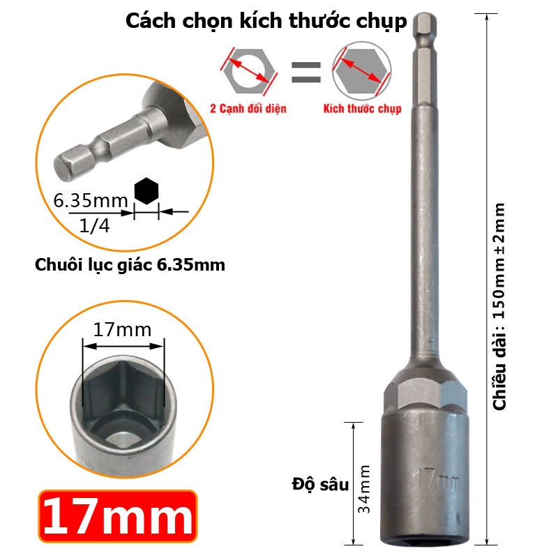 Khẩu Chụp Bulong Sâu Lòng Dài 150mm lắp nhanh cho máy Khoan Bắn Vít  Chân Lục Giác Các Cỡ 5.5 - 19mm