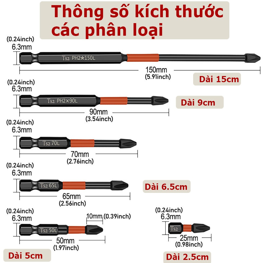 Mũi Bắn Vít Đầu PH2 Ngắn Dài các loại Từ tính cao, Chống va đập Chống tòe đầu