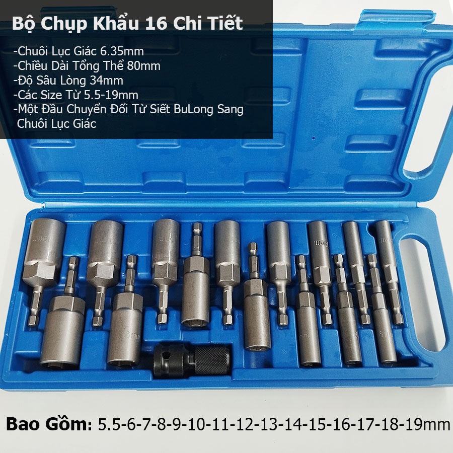 Bộ Đầu Khẩu Chụp Sâu Lòng Dài 80mm Chân Lục Giác Lắp Máy Khoan Bắn Vít 15 Chi Tiết