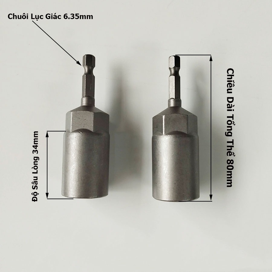 Bộ Đầu Khẩu Chụp Sâu Lòng Dài 80mm Chân Lục Giác Lắp Máy Khoan Bắn Vít 15 Chi Tiết