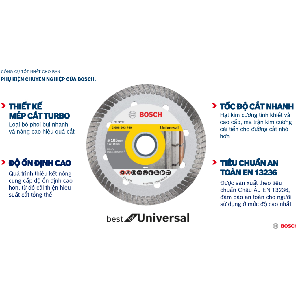 Đĩa cắt Gạch Đa Năng Kim Cương Turbo 105x16|20mm Thương Hiệu Đức Bosch Chính Hãng