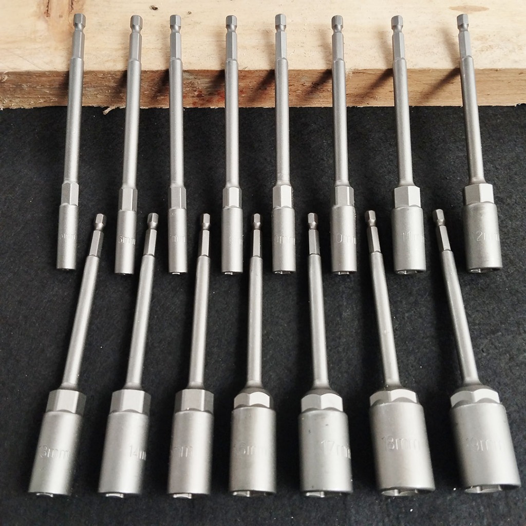 Bộ 15 Đầu Chụp Khẩu Bulong Dài 15cm Lắp Nhanh Cho Máy Bắn Vít -  Đầu Chụp Bu Lông Các Size từ 5.5mm - 19mm