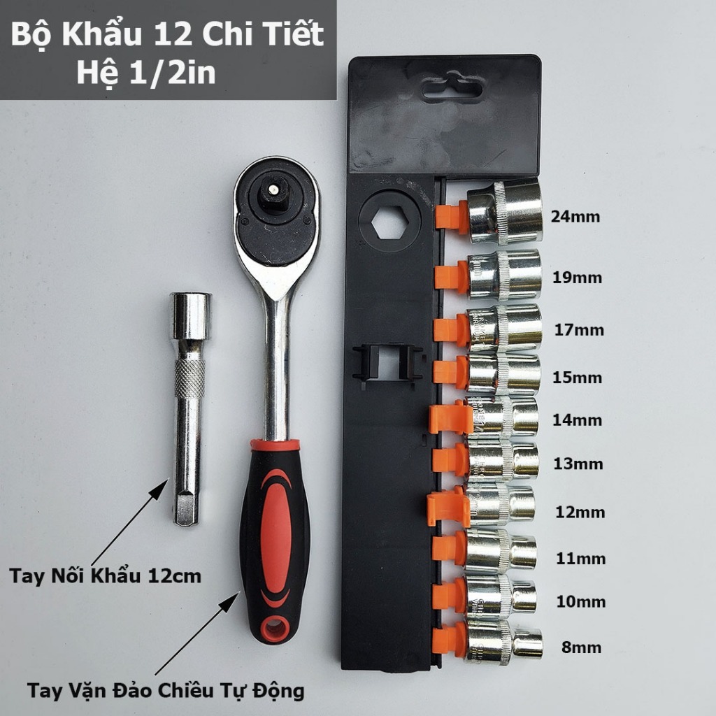 Bộ Khẩu SOCKET Gồm 12 Chi tiết từ 8 - 24mm Hệ 1/2 và 1/4