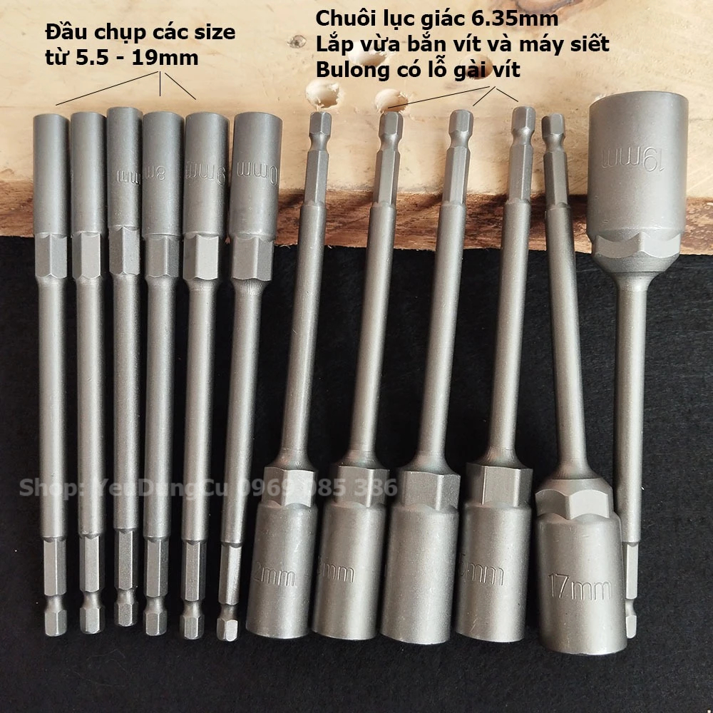 Khẩu Chụp Bulong Sâu Lòng Dài 150mm lắp nhanh cho máy Khoan Bắn Vít  Chân Lục Giác Các Cỡ 5.5 - 19mm