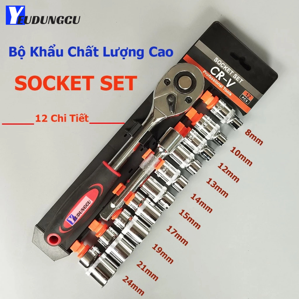 Bộ Khẩu SOCKET Gồm 12 Chi tiết từ 8 - 24mm Hệ 1/2 và 1/4