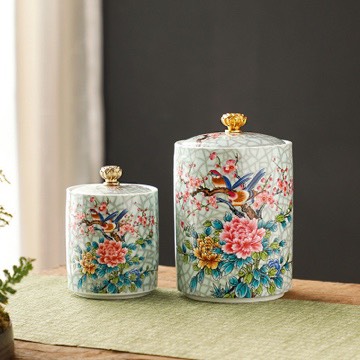 HŨ TRÀ SỨ MEN RẠN HỌA TIẾT CHIM HOA PHÚ QUÝ