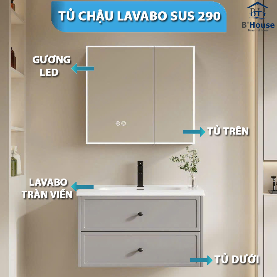 Bộ Tủ Gương Phòng Tắm, Tủ Lavabo Đẹp, Tủ Lavabo Phòng Tắm SUS 290
