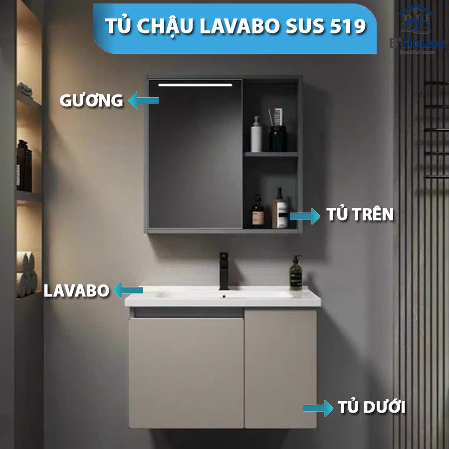 Bộ Tủ Gương Phòng Tắm, Tủ Lavabo Đẹp, Tủ Lavabo Phòng Tắm SUS 519