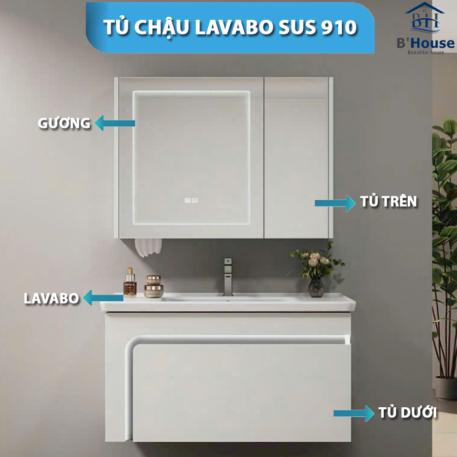 Bộ Tủ Gương Phòng Tắm, Tủ Lavabo Đẹp, Tủ Lavabo Phòng Tắm SUS 910