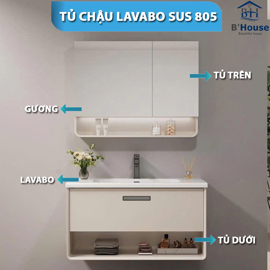 Bộ Tủ Gương Phòng Tắm, Tủ Lavabo Đẹp, Tủ Lavabo Phòng Tắm SUS 805