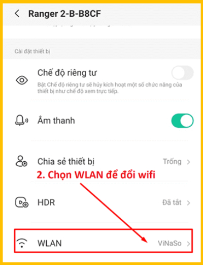 Chọn WLAN để thay đổi Wifi cho camera Imou