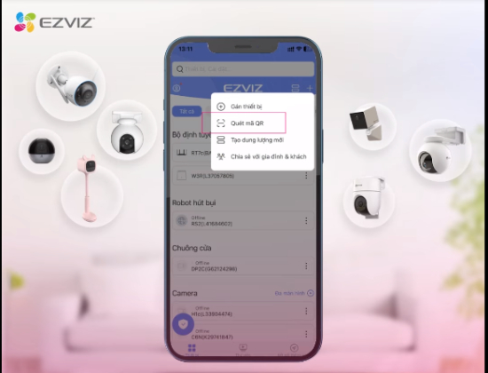 Quét mã QR của thiết bị qua app EZVIZ