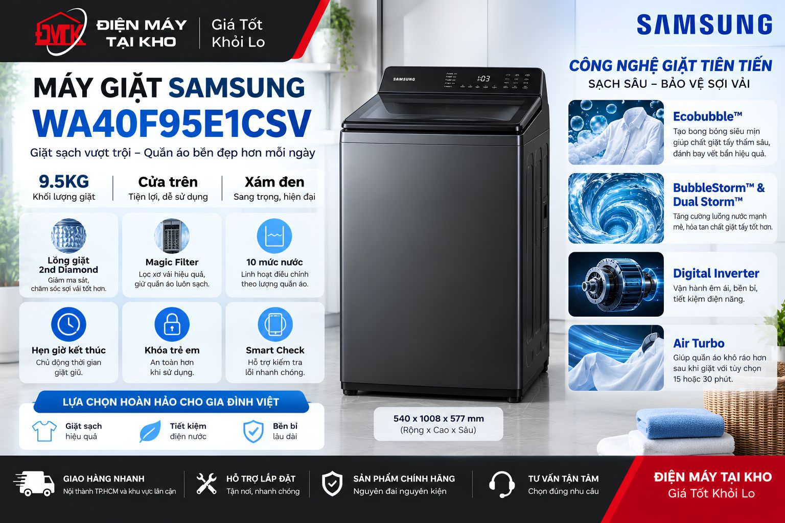 Máy Giặt Samsung WA40F95E1CSV 9.5kg – Tiện Lợi Cho Mọi Nhà
