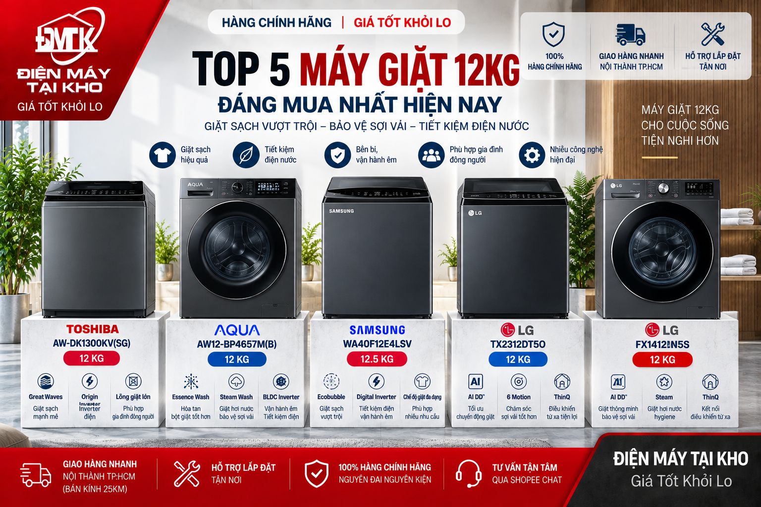 Máy Giặt 12kg Loại Nào Tốt? Top Lựa Chọn Đáng Mua 2026
