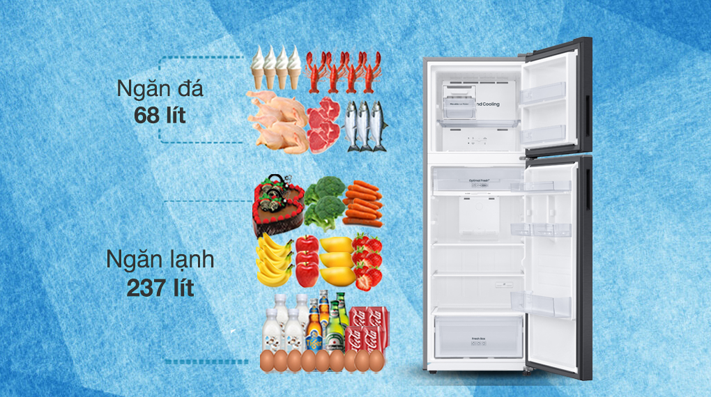 Tủ lạnh Samsung Inverter 305 lít RT31CG5424B1SV Tủ lạnh Samsung Inverter 305 lít RT31CG5424B1SV là một dòng tủ lạnh Samsung thế hệ mới với gam màu đen sang trọng, thanh lịch, nâng tầm gian bếp nhà bạn với thiết kế thời thượng cùng nhiều tiện tích hiện đại. Nếu bạn đang tìm kiếm một dòng tủ lạnh có giá cả hợp lý, phù hợp với gia đình ít thành viên thì đừng đi đâu nữa, đây chính là chiếc tủ lạnh dành cho gia đình bạn! Tủ lạnh Samsung Inverter 305 lít RT31CG5424B1SV có dung tích phù hợp cho gia đình từ 3 - 4 người - Ngăn đá có tổng dung tích 68 lít, được thiết kế thành 2 ngăn. Bên trong ngăn đá bố trí hộp đá xoay giúp thao tác lấy đá được dễ dàng lại dễ bảo quản, các khay chứa được bố trí nằm ở cánh cửa tủ. - Ngăn lạnh của tủ có dung tích 237 lít, gồm nhiều kệ để chia ngăn lạnh thành nhiều ngăn, phục vụ nhu cầu bảo quản đa dạng. Hộp đựng rau quả được thiết kế riêng biệt để bảo quản rau củ của bạn luôn tươi ngon. Điểm nhấn chính là ngăn đông mềm Optimal Fresh+ dễ dàng chuyển đổi giữa 4 chế độ, phù hợp để lưu trữ thực phẩm mà không cần rã đông. - Nhờ có tổng dung tích 305 lít nên tủ lạnh RT31CG5424B1SV phù hợp cho gia đình từ 3 đến 4 người. Tham khảo Tủ lạnh Samsung Inverter 380 lít RT38K5982BS/SV có dung tích tương đương    Tủ lạnh Samsung Inverter 305 lít RT31CG5424B1SV phân chia dung tích hợp lý giữa 2 ngăn phù hợp với gia đình từ 3 - 4 người Tủ lạnh Samsung Inverter 305 lít RT31CG5424B1SV tiết kiệm điện năng, vận hành bền bỉ Tủ lạnh Samsung RT31CG5424B1SV được nhà sản xuất chú trọng trang bị máy nén biến tần kỹ thuật số Digital Inverter có khả năng tự động điều chỉnh tốc độ vận hành theo nhu cầu làm lạnh. Nhờ đó mà tủ lạnh có thể tiết kiệm tối đa điện năng, vừa giảm thiểu tiếng ồn lại còn kéo dài tuổi thọ sử dụng.   Tủ lạnh Samsung Inverter 305 lít RT31CG5424B1SV tiết kiệm điện năng nhờ công nghệ Digital Inverter  Tủ lạnh Samsung Inverter 305 lít RT31CG5424B1SV có thiết kế hiện đại, phù hợp với mọi gian bếp - Tủ lạnh Samsung 305 lít bố trí ngăn đá nằm trên, chất liệu toàn bộ bề mặt là thép không gỉ nên bền bỉ với thời gian, dễ vệ sinh. - Gam màu nổi bật của tủ lạnh RT31CG5424B1SV là màu đen vừa sang trọng, thời thượng lại dễ dàng hòa hợp với mọi thiết kế nội thất của gian bếp nhà bạn. Thiết kế vừa hiện đại, vừa sang trọng của Tủ lạnh Samsung Inverter 305 lít RT31CG5424B1SV Tủ lạnh Samsung Inverter 305 lít RT31CG5424B1SV tích hợp nhiều tiện ích - Tủ lạnh RT31CG5424B1SV đã mở rộng tối đa không gian lưu trữ thực phẩm (+ 20 lít so với thông thường) nhờ công nghệ SpaceMax cùng với việc tối ưu hóa vật liệu cách nhiệt nhưng vẫn đảm bảo hiệu quả và hiệu suất hoạt động. Tham khảo thêm Tủ lạnh Samsung Inverter 406 lít RT42CG6584B1SV có thêm tiện ích lấy nước mát từ bên ngoài  Tủ lạnh Samsung Inverter 305 lít RT31CG5424B1SV mở rộng thêm 20 lít dung tích để thoải mái lưu trữ thực phẩm Tủ lạnh Samsung Inverter 305 lít RT31CG5424B1SV bảo toàn dưỡng chất và giữ thực phẩm tươi hơn gấp 2 lần - Ngăn đông mềm linh hoạt Optimal Fresh+ của tủ lạnh Samsung 305 lít dễ dàng chuyển đổi giữa 4 chế độ để phù hợp với nhóm thực phẩm cần bảo quản, cách sử dụng cực kỳ dễ dàng: *Chế độ “Làm mát” (phù hợp với sữa, thịt nguội): kéo thanh đến “Min” và chọn 3°C ở bảng điều khiển. *Chế độ “Thịt & Cá”: kéo thanh đến “Max” và chọn 3°C ở bảng điều khiển. *Chế độ “Đông mềm” (phù hợp với thực phẩm lưu trữ dài ngày): kéo thanh đến “Max” và chọn 1°C ở bảng điều khiển. *Chế độ “Làm lạnh nhanh” (phù hợp với đồ uống): kéo thanh đến “Max” và nhấn “Power Cool” ở bảng điều khiển. Ngăn được thiết kế dạng kín, vừa giảm thiểu tình trạng lẫn mùi khó chịu lại còn giữ được thực phẩm tươi hơn gấp 2 lần*. (*Dựa trên kết quả kiểm tra nội bộ thử nghiệm trên tủ lạnh RT47CB668422ST được Intertek chứng nhận, ngăn đông mềm linh hoạt Optimal Fresh+ đặt ở chế độ "Soft Freeze". Kết quả có thể khác nhau tùy thuộc vào hoàn cảnh sử dụng thực phẩm và độ tươi của thực phẩm trước khi lưu trữ).  Ngăn đông mềm linh hoạt của Tủ lạnh Samsung Inverter 305 lít RT31CG5424B1SV giữ thực phẩm tươi hơn gấp 2 lần - Với chế độ làm lạnh Power Cool,  tủ lạnh Samsung RT31CG5424B1SV có khả năng nhanh chóng thổi ra luồng khí lạnh, giúp bạn có đồ uống và thực phẩm mát lạnh ngay tức thì. - Tủ lạnh Samsung 305 lít còn có công nghệ làm lạnh vòm All-around Cooling, có thể luân chuyển hơi lạnh theo hình vòng cung và kiểm soát ổn định nhiệt độ và độ ẩm. Nhờ đó mà toàn bộ thực phẩm đều được nhận hơi lạnh, giữ nguyên độ tươi ngon và chất dinh dưỡng suốt thời gian dài bảo quản.   Với mức giá tủ lạnh Samsung 305 lít cực kỳ phải chăng so với nhiều mẫu tủ lạnh cùng dung tích trên thị trường, tủ còn mang thương hiệu của một trong những công ty công nghệ và điện tử nổi tiếng nhất hiện nay - bảo chứng đáng giá cho uy tín và chất lượng sản phẩm hàng đầu. Như vậy, thật khó để bạn có thể bỏ qua Tủ lạnh Samsung Inverter 305 lít RT31CG5424B1SV khi đang tìm kiếm một chiếc tủ lạnh phù hợp cho gian bếp của bạn!