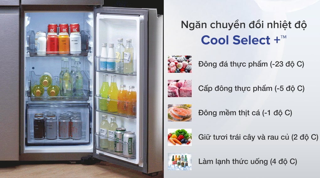 Ngăn chuyển đổi nhiệt độ Cooling Select+™ giúp Tủ lạnh Samsung Inverter 599 lít Multi Door Bespoke RF60A91R177/SV bảo quản tốt mọi loại thực phẩm
