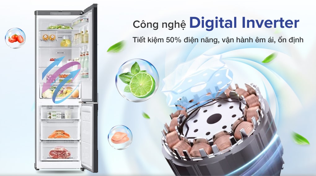 Tủ lạnh Samsung Inverter 339 lít RB33T307055/SV vận hành êm ái, ổn định và tiết kiệm lên đến 50% điện năng sử dụng hằng tháng