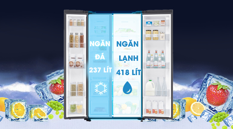 Tủ lạnh Samsung Inverter 655 lít Side By Side RS62R5001B4/SV có dung tích ngăn đá và ngăn lạnh lớn cho bạn thoải mái lưu trữ thực phẩm
