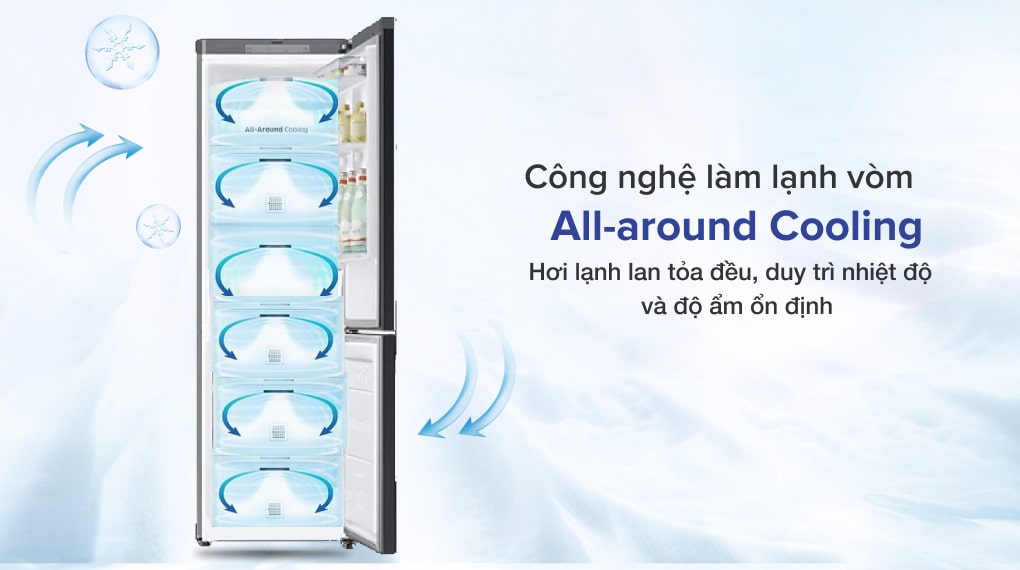 Tủ lạnh Samsung Inverter 339 lít RB33T307055/SV mang hơi lạnh lan tỏa đồng đều đều mọi nơi giúp thực phẩm luôn giữ được sự tươi ngon
