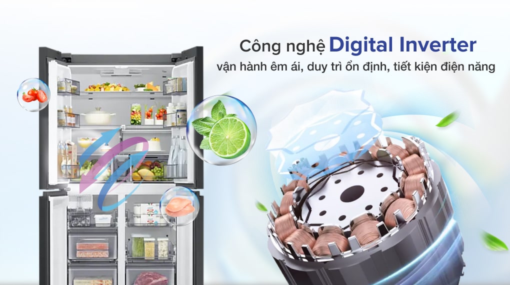 Tủ lạnh Samsung Inverter 599 lít Multi Door Bespoke RF60A91R177/SV vừa vận hành êm ái lại còn tiết kiệm điện năng
