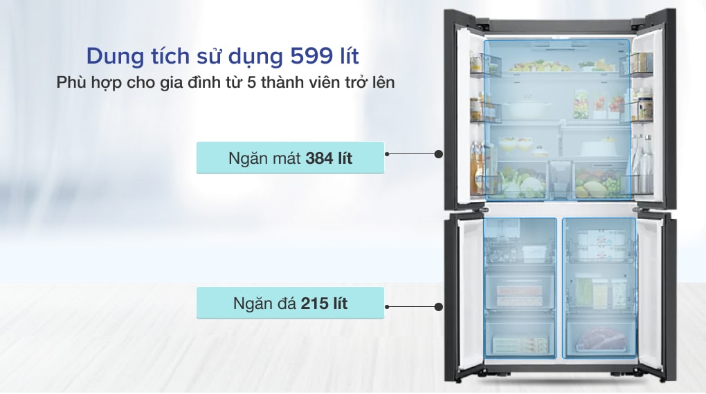 Tủ lạnh Samsung Inverter 599 lít Multi Door Bespoke RF60A91R177/SV có dung tích lý tưởng đáp ứng tốt cho gia đình đông người