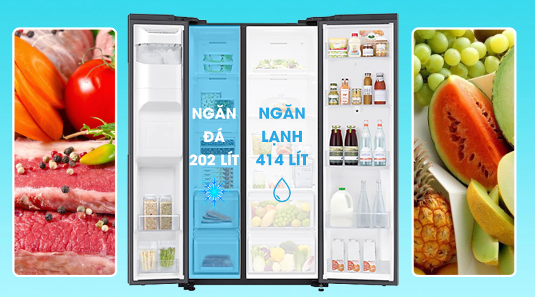 Tủ lạnh Samsung Inverter 616 lít Side By Side Family Hub RS64T5F01B4/SV có không gian lưu trữ lớn giúp bạn thoải mái lưu trữ thực phẩm 
