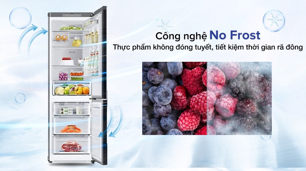 Bạn chẳng cần phải chờ đợi hàng tiếng để rã đông thực phẩm với tủ lạnh Samsung Inverter 339 lít RB33T307055/SV nhờ công nghệ No Frost tiên tiến