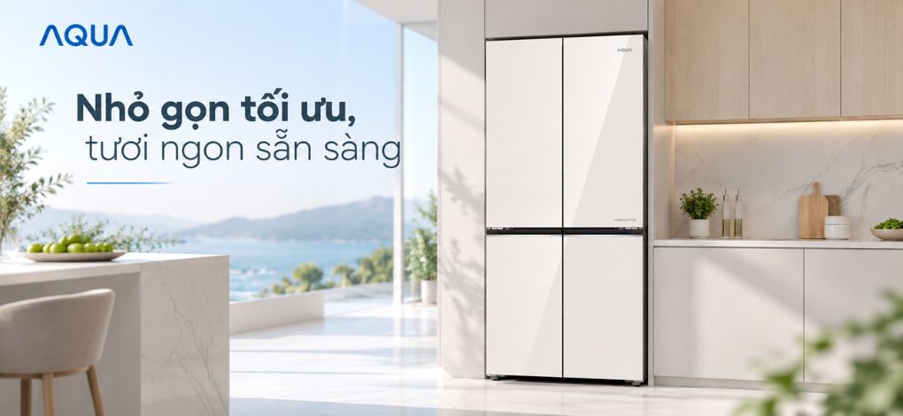 Tủ lạnh AQUA Inverter 454 lít AQR-M505XA(GC) 4 cửa màu trắng kem- Điện Máy Tại Kho