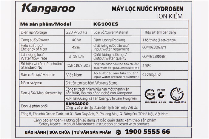 Máy lọc nước Hydrogen ion kiềm Kangaroo KG100ES 7 lõi