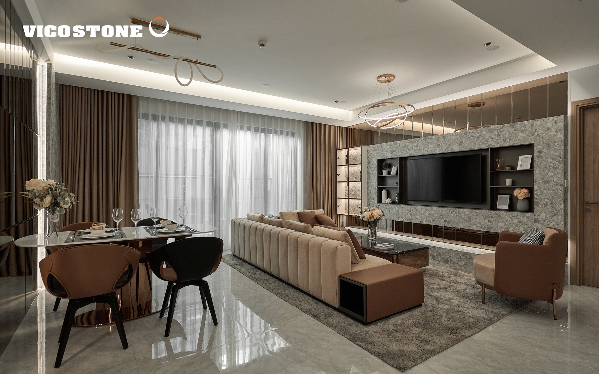 Mặt đá bàn ăn Vicostone BQ8815 trong phòng khách căn hộ Endless Skyline Westlake.