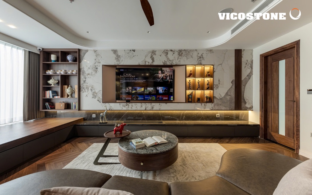Bàn trà sử dụng đá Vicostone Thunder Grey BQ8716 tại Duplex Landmark Onsen Ecopark