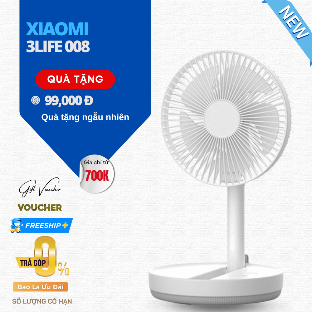 Quạt Tích Điện Gấp Gọn Xiaomi 3Life 008 Phiên Bản 2023 Sử Dụng 6 Giờ Liên Tục - Hàng Nhập Khẩu