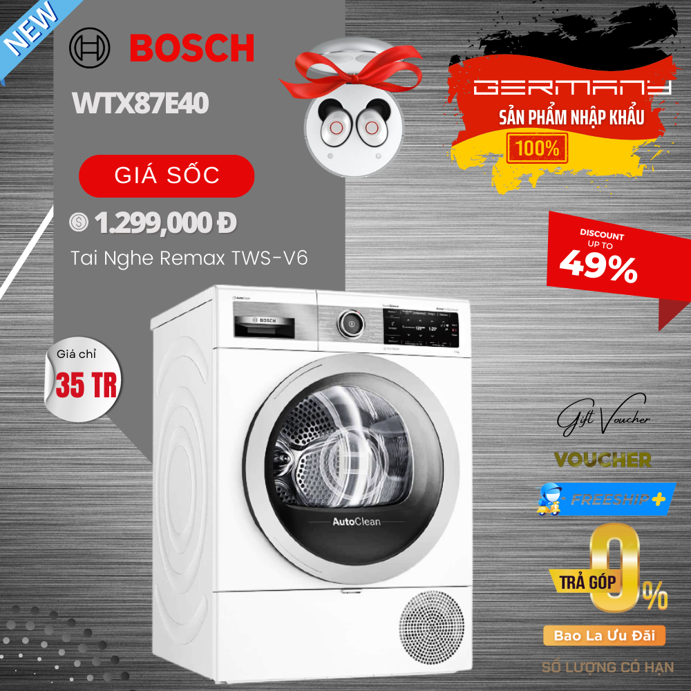 Máy Sấy Quần Áo Bơm Nhiệt Bosch WTX87E40 Series 8 – 9Kg - Nhập Khẩu Đức