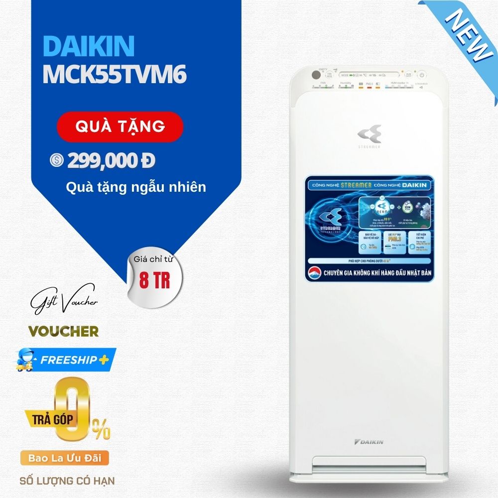 Máy Lọc Không Khí Tạo Ẩm Daikin MCK55TVM6 Công nghệ Streamer 3C Tích Hợp Ion Plasma, Lõi Lọc Tuổi Thọ Lên Đến 10 Năm, Diệt Khuẩn Và Lọc Sạch 99,97% Bụi Bẩn, Diện Tích Sử Dụng 40 m2, Công Suất 58W - Hàng Chính Hãng