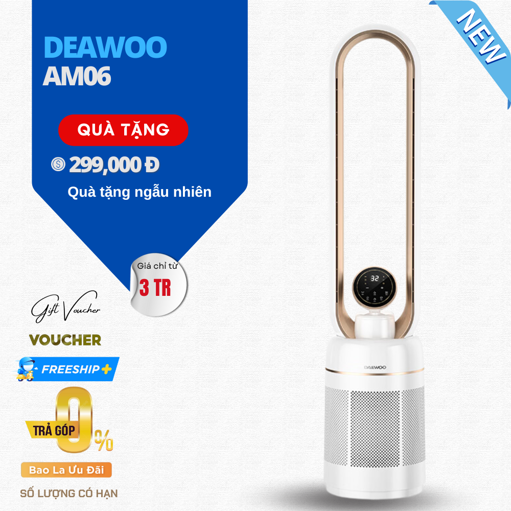 Quạt Không Cánh Tạo Độ Ẩm Daewoo AM06 Thương Hiệu Hàn Quốc Model 2023 Có Hẹn Giờ, Góc Quay 70 Độ Công Suất 50 W - Hàng Nhập Khẩu