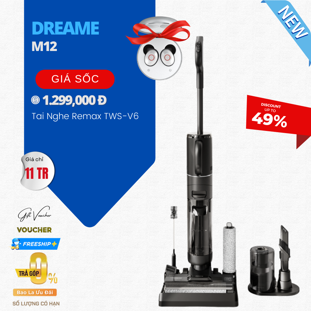 Máy Lau Sàn Khô Ướt Dreame M12 Tự Vệ Sinh Lực Hút 14,000 Pa, Thời Gian Làm Việc 40 Phút, Diện Tích Hoạt Động 150m2, Công Suất 300 W - Hàng Chính Hãng