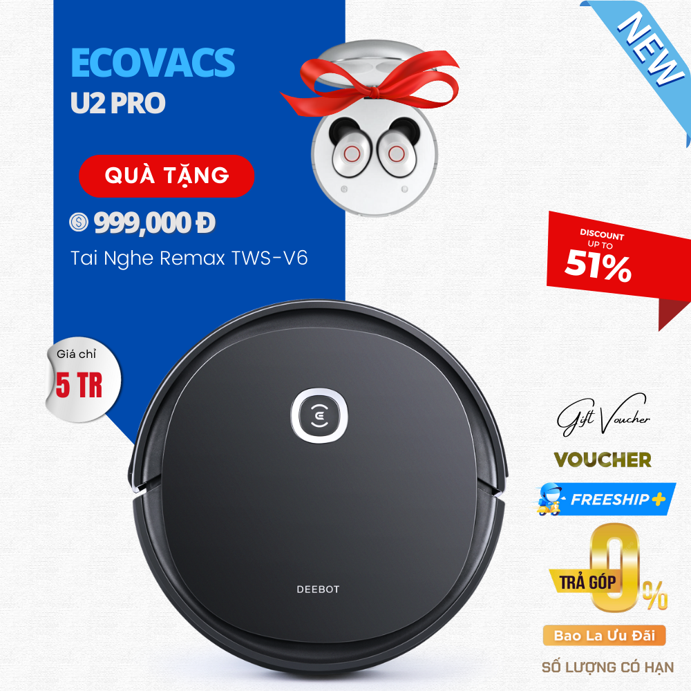 Robot Hút Bụi Lau Nhà Ecovacs Deebot U2 Pro - Bản Quốc Tế Kết Nối App Công nghệ OZMO 2.0 Và Khử Mùi Lực Hút 1500 Pa, Phù Hợp Diện Tích 150m2, Công Suất 26W - Hàng Chính Hãng